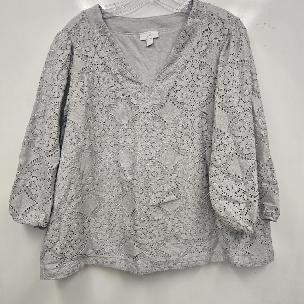 J Jill Top Womens 2X Gray Long Puff Sleeve Knit Lace Cut Out Shirt Blouse